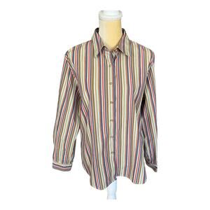 Foxcroft Green Striped Button Down Shirt Gold Buttons Size 16 Shaped Fit
